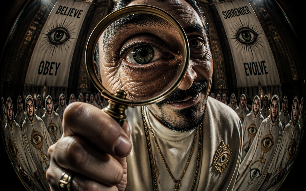 Sinister cult leader with magnifying glass