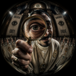 Sinister cult leader with magnifying glass