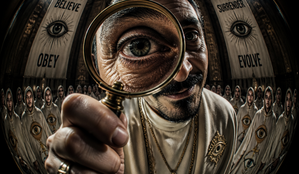 Sinister cult leader with magnifying glass