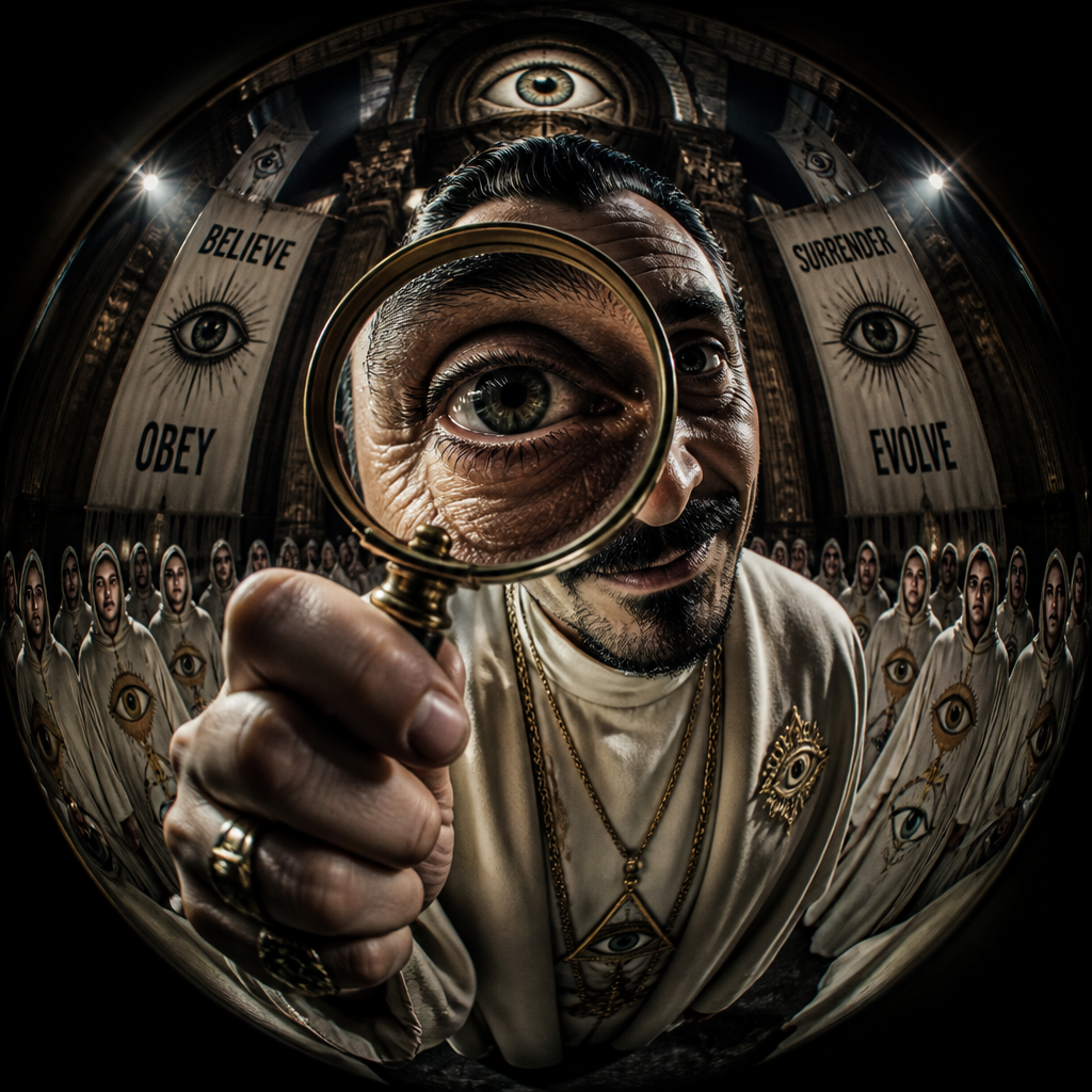 Sinister cult leader with magnifying glass